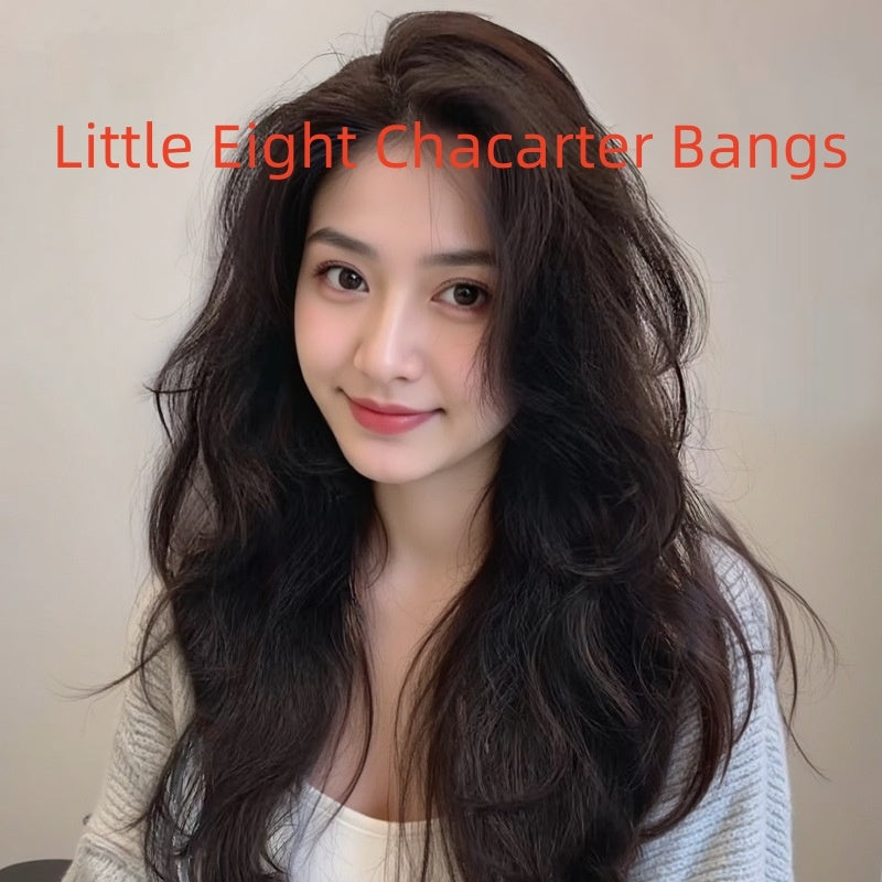 Long curly human hair wig with little eight character bangs styled on a model, showcasing natural dark brown color.