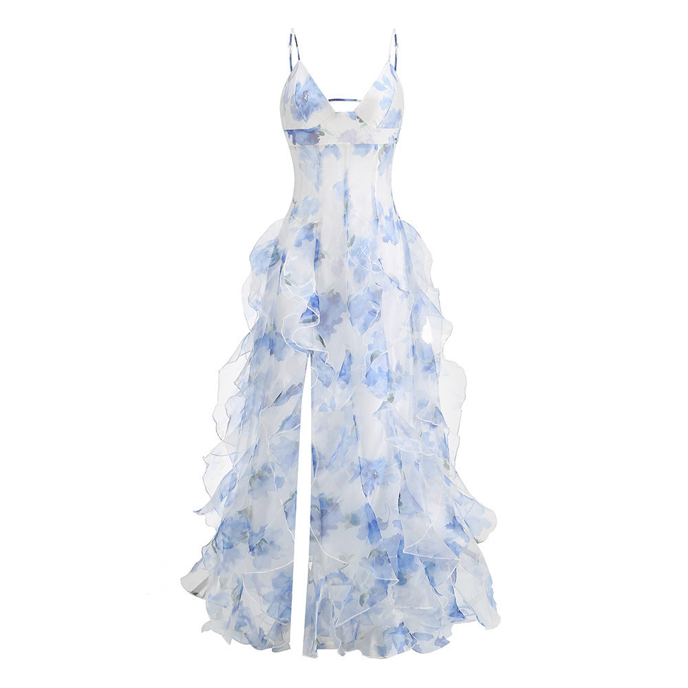 Elegant Off-Shoulder Flowy Chiffon Maxi Dress With Floral Print For Women - Boho Evening Gown For Parties & Special Occasions