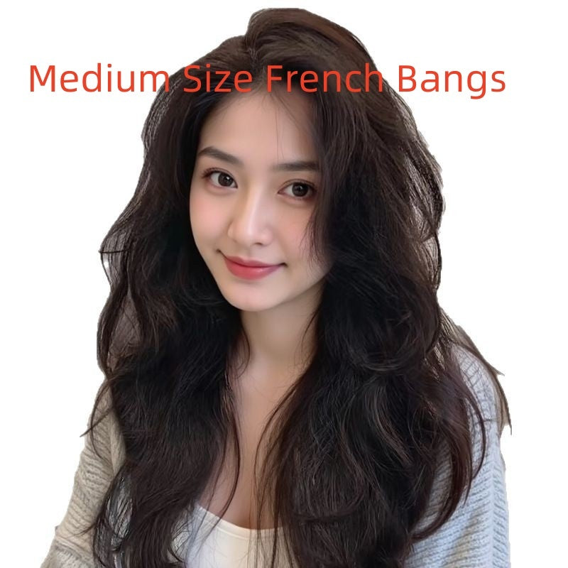 Long curly human hair wig with medium size French bangs, ideal for ladies.