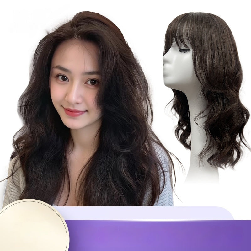Long curly human hair wig with bangs displayed on model and mannequin, showcasing natural dark brown color.