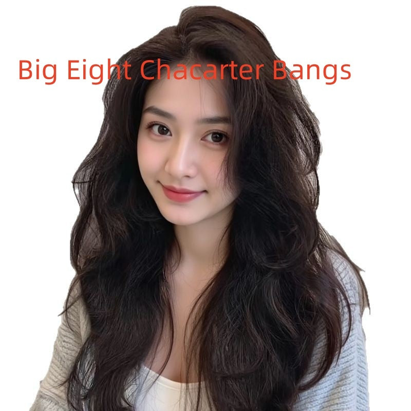 Long curly human hair wig with big eight-character bangs worn by a woman, showcasing natural dark brown color.