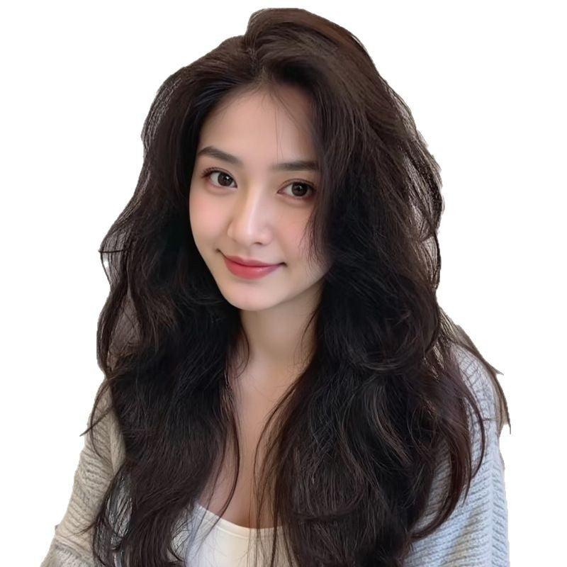 Long curly full human hair wig featuring natural dark brown hues, styled with French bangs.