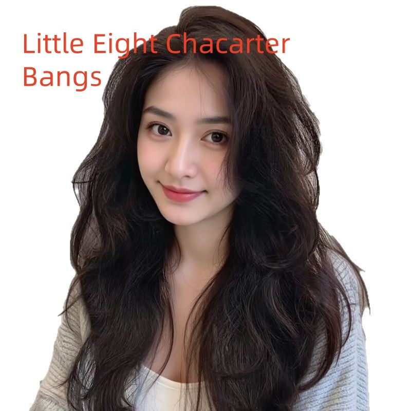 Long curly human hair wig with little eight character bangs, suitable for any face type.