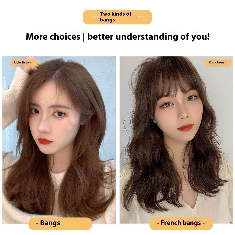 Comparison of two types of bangs: light brown bangs on the left and dark brown French bangs on the right.