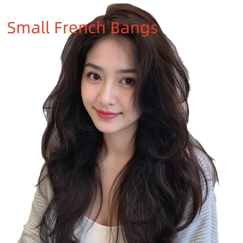 Long curly full-head wig with small French bangs, featuring natural dark brown human hair.