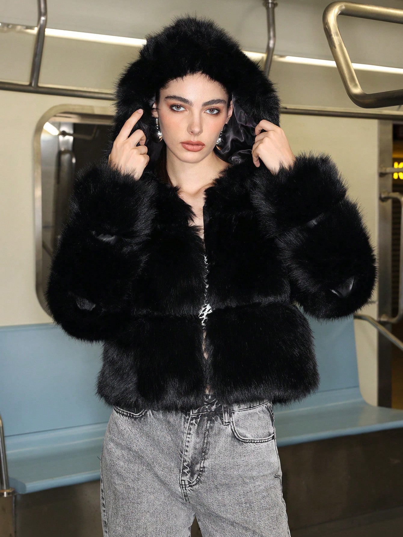 Black Faux Fur Short Hood Jacket