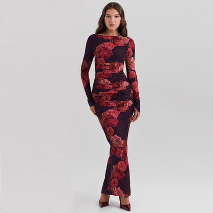 Vintage Print Slim-fit Houfu Split Evening Dress Suitable For All Kinds Of Parties