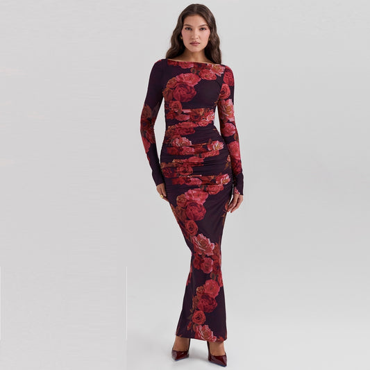 Vintage Print Slim-fit Houfu Split Evening Dress Suitable For All Kinds Of Parties