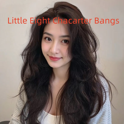 Long curly human hair wig with little eight character bangs styled on a model, showcasing natural dark brown color.