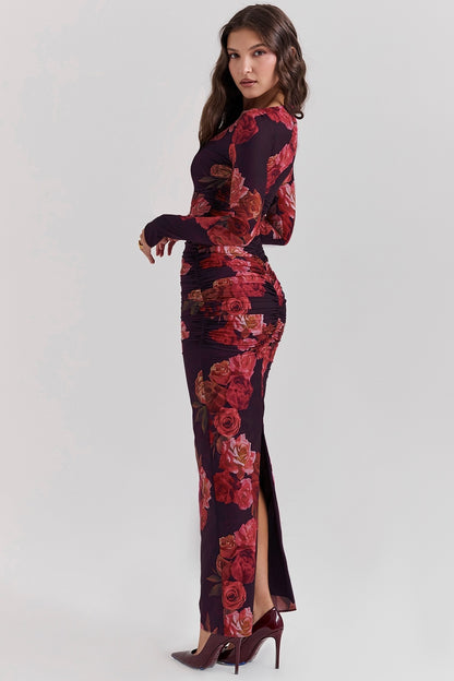Vintage Print Slim-fit Houfu Split Evening Dress Suitable For All Kinds Of Parties